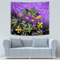 Purple Mardi Gras tapestry featuring ornate mask with green/yellow feathers and 'Mardi Gras' words