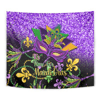 Purple Mardi Gras tapestry close-up of carnival mask with feather details and 'It's Time for Mardi Gras'
