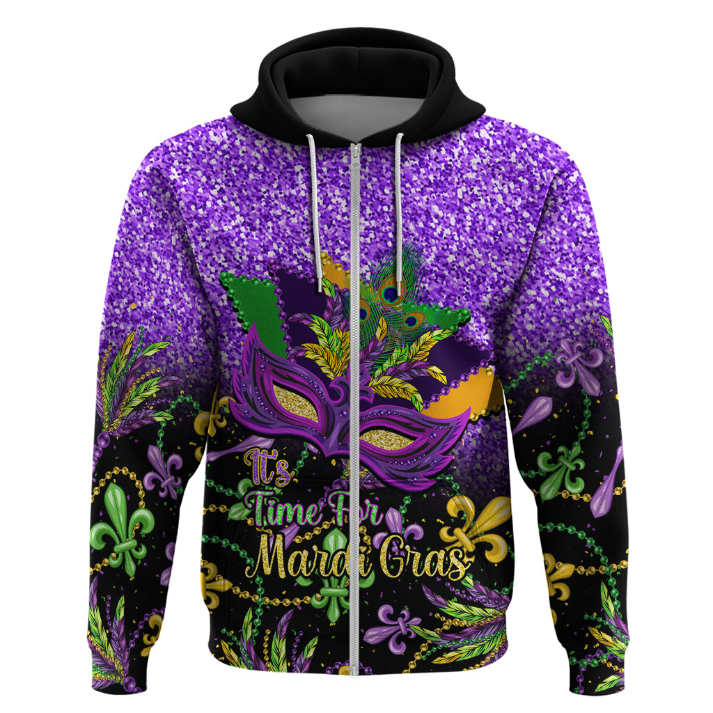 Purple zip hoodie with Mardi Gras mask and 'Time for Mardi Gras' front graphic