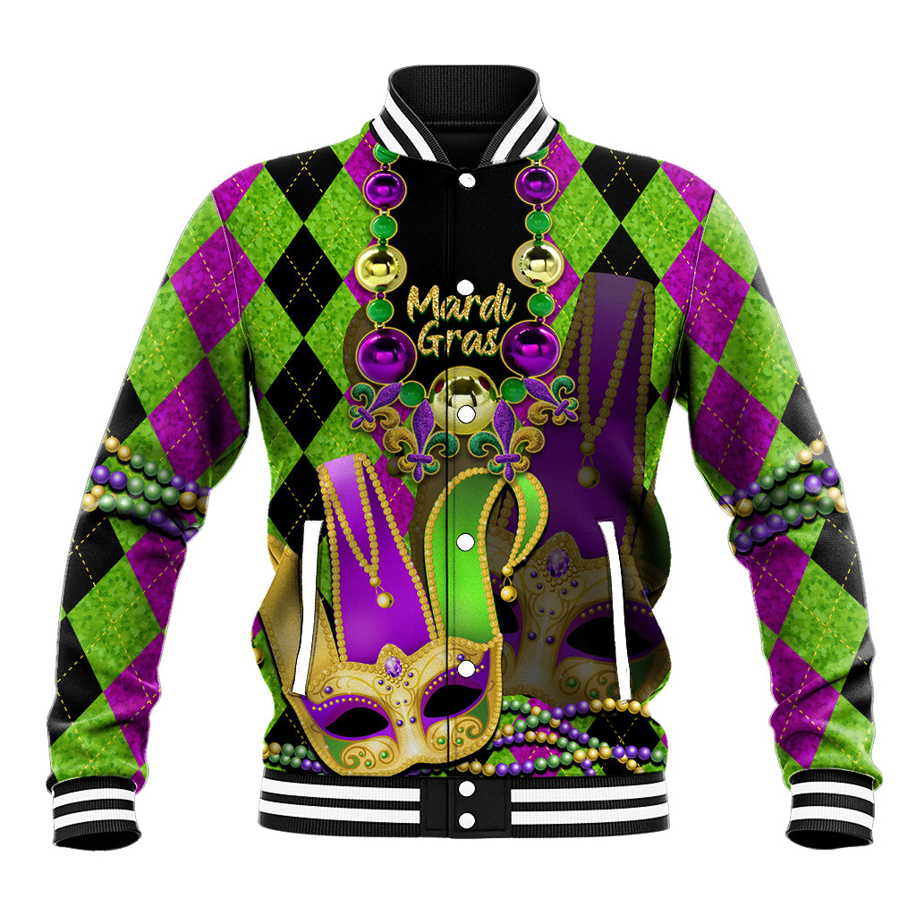 Mardi Gras 2024 Baseball Jacket Jester Mask With Beads Colorful Version - Wonder Print Shop