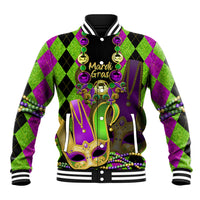 Unisex Mardi Gras jester graphic baseball jacket, green purple black, bead trim, snap front