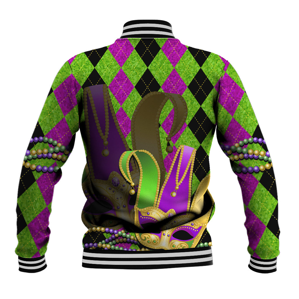 Unisex jester mask back graphic baseball jacket, green purple black with bead strands