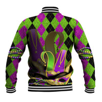 Unisex jester mask back graphic baseball jacket, green purple black with bead strands