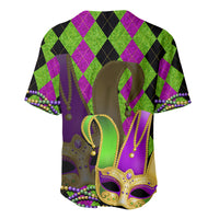 Colorful jester baseball jersey with harlequin diamond pattern and large mask on back