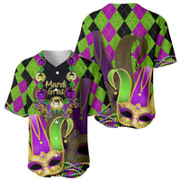 Jester baseball jersey set: front with beads and text, back with large mask graphic