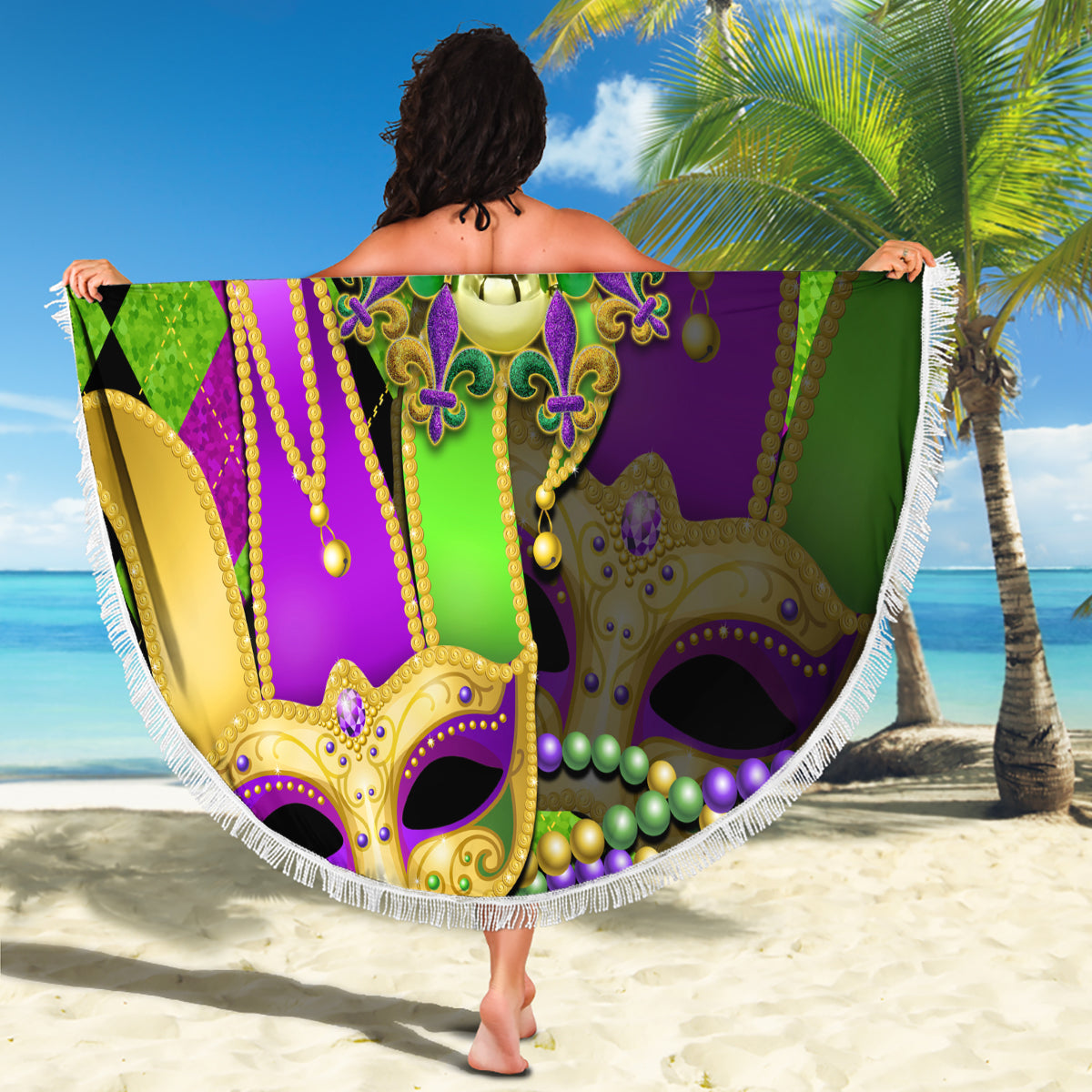Round beach blanket jester mask print with gold horn accents and multicolor bead fringe