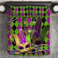 Colorful jester mask bedding set with green, purple, and gold diamond pattern and bead trim