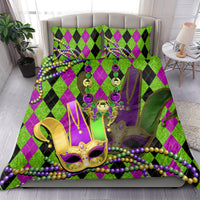 Jester mask comforter bedding set with two green-and-purple argyle pillow shams, bead fringe