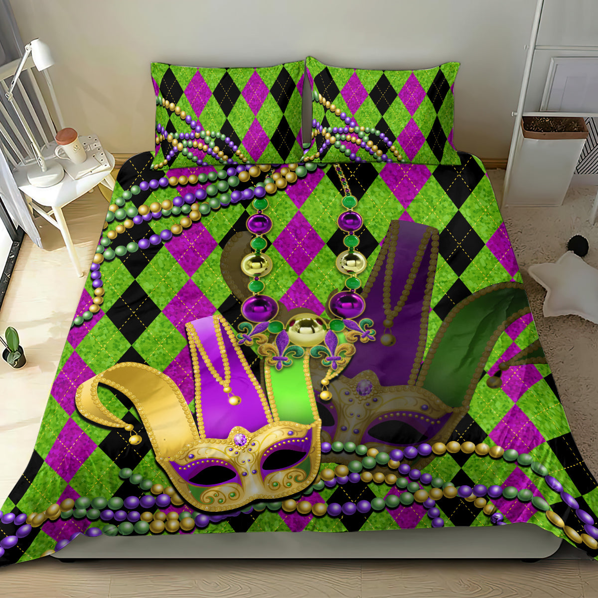 Jester mask bedding set featuring green argyle, purple diamonds, and gold mask with bead garlands