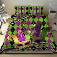 Jester mask bedding set featuring green argyle, purple diamonds, and gold mask with bead garlands