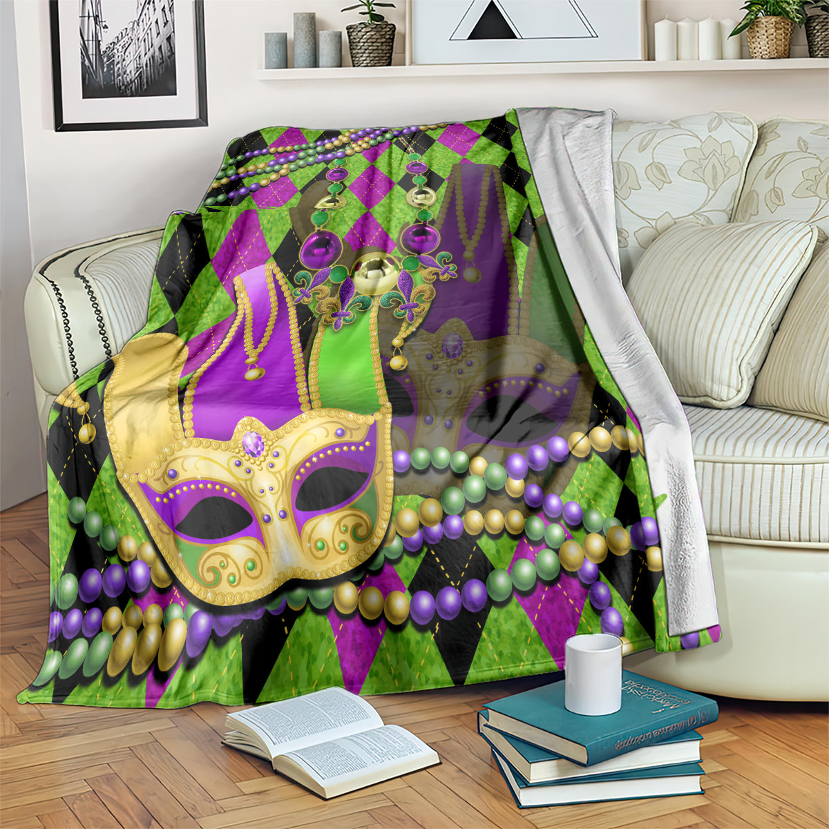 Colorful jester mask Mardi Gras throw blanket with bead-like fringe and purple green pattern