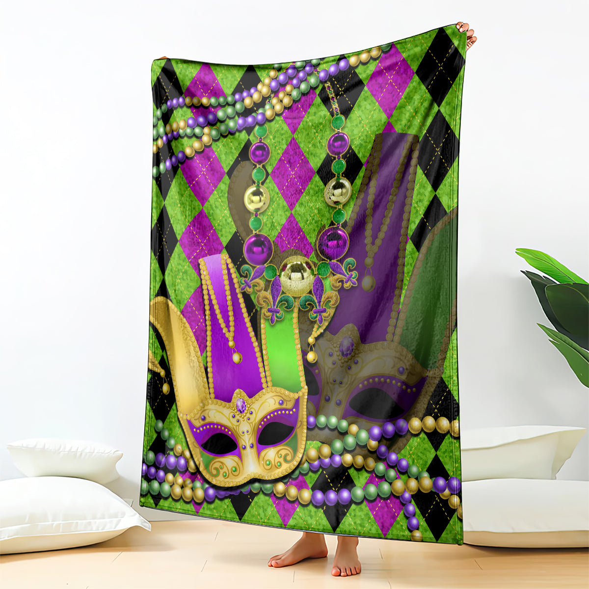 Jester mask Mardi Gras blanket with purple, green, and black diamond pattern plus bead details