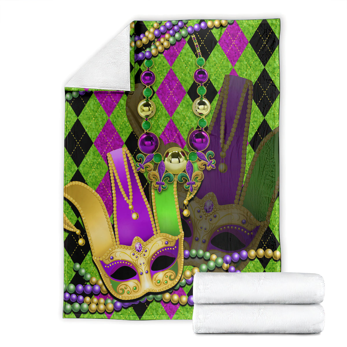 Mardi Gras jester mask blanket with purple green diamond design and bead-like ornament accents