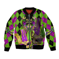 Unisex green bomber jacket with Mardi Gras jester mask print and bead trim