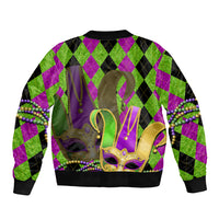 Unisex green bomber jacket with Mardi Gras jester mask graphic, purple and black