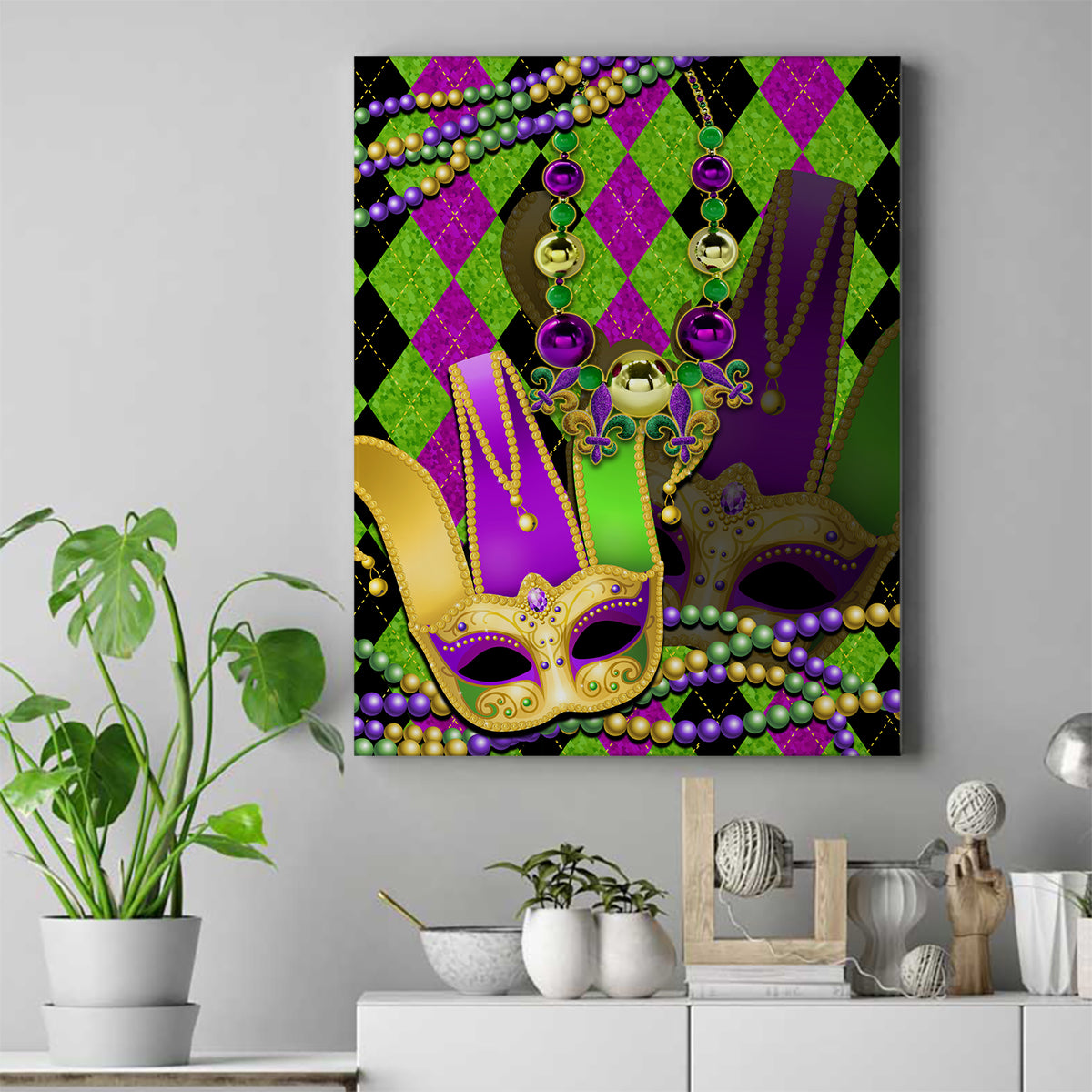 Mardi Gras 2024 Canvas Wall Art Jester Mask With Beads Colorful Version - Wonder Print Shop