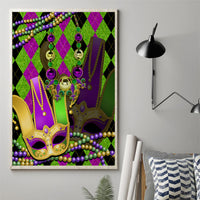 Framed jester mask wall art on canvas, purple beads, green and gold costume details