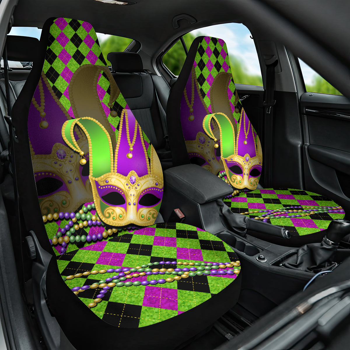 Mardi Gras 2024 Car Seat Cover Jester Mask With Beads Colorful Version - Wonder Print Shop