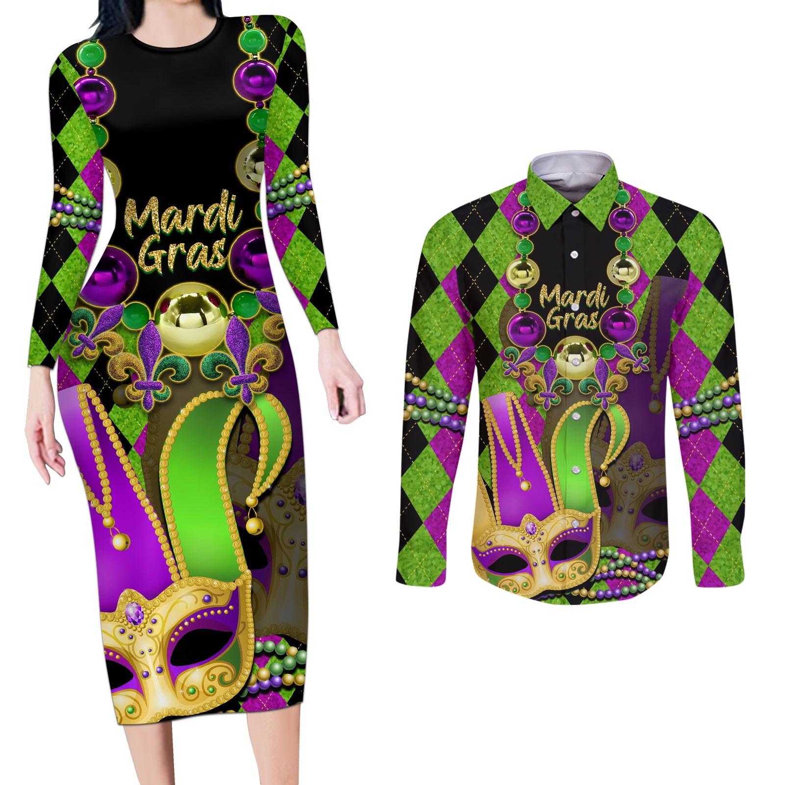 Mardi Gras 2024 Couples Matching Long Sleeve Bodycon Dress and Long Sleeve Button Shirt Jester Mask With Beads Colorful Version - Wonder Print Shop