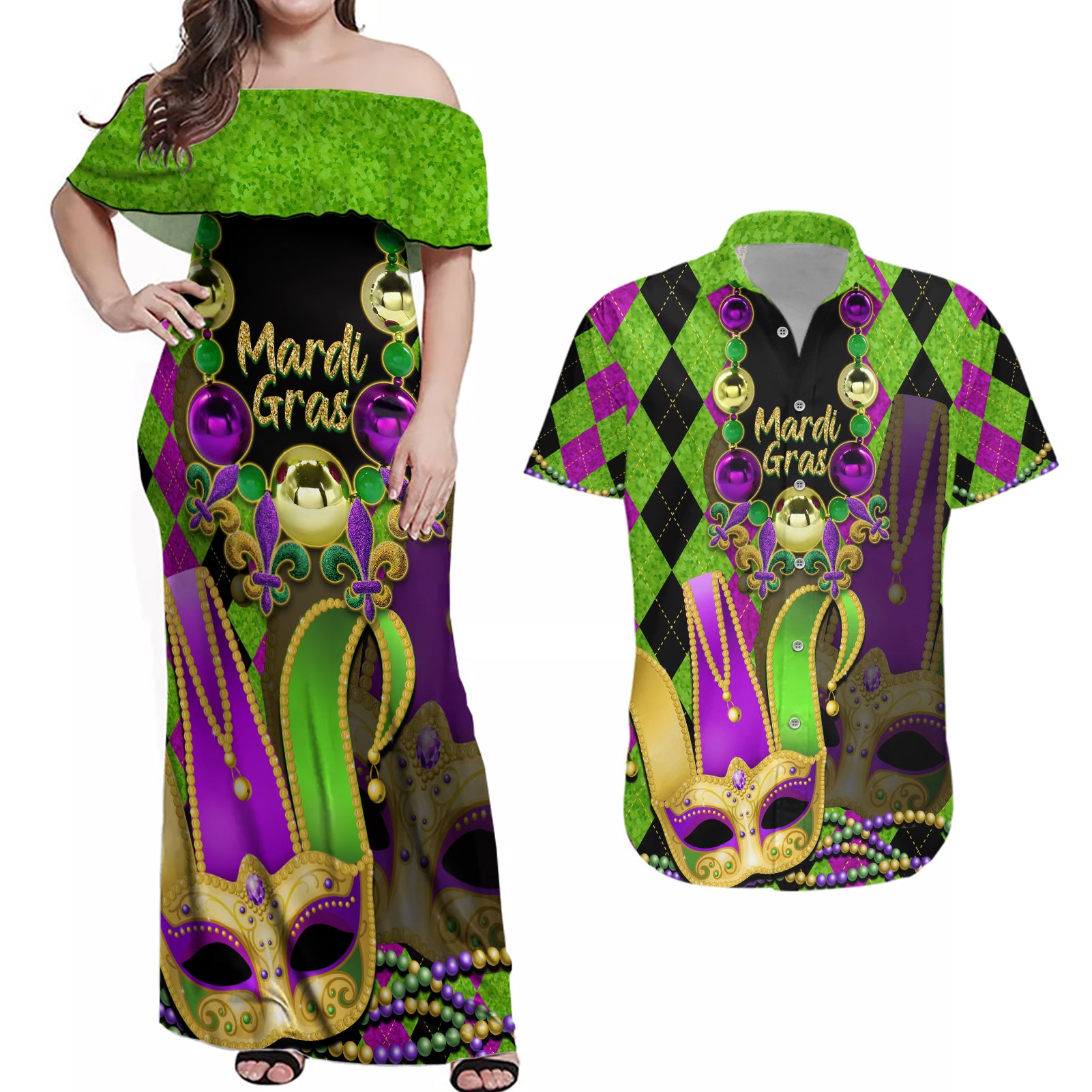 Mardi Gras 2024 Couples Matching Off Shoulder Maxi Dress and Hawaiian Shirt Jester Mask With Beads Colorful Version - Wonder Print Shop