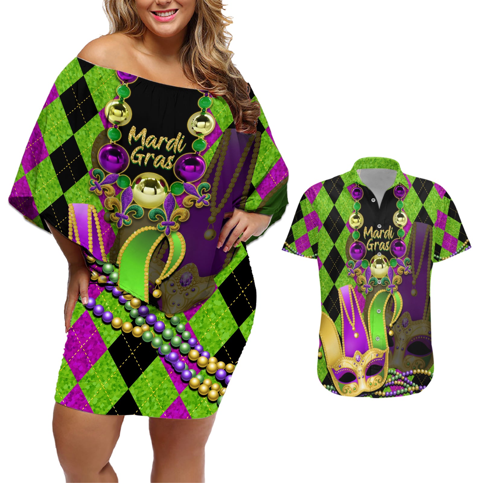 Mardi Gras 2024 Couples Matching Off Shoulder Short Dress and Hawaiian Shirt Jester Mask With Beads Colorful Version - Wonder Print Shop