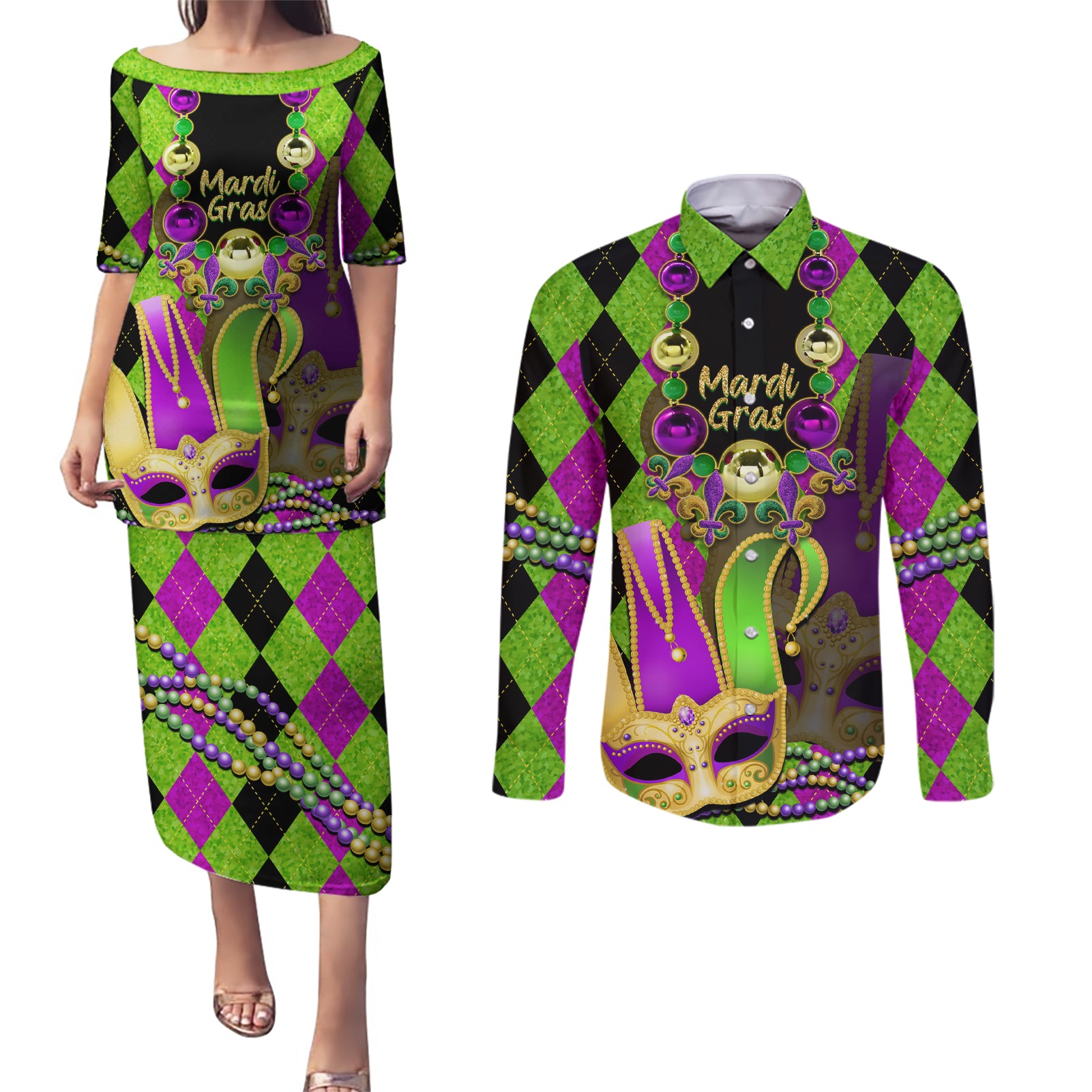 Mardi Gras 2024 Couples Matching Puletasi and Long Sleeve Button Shirt Jester Mask With Beads Colorful Version - Wonder Print Shop