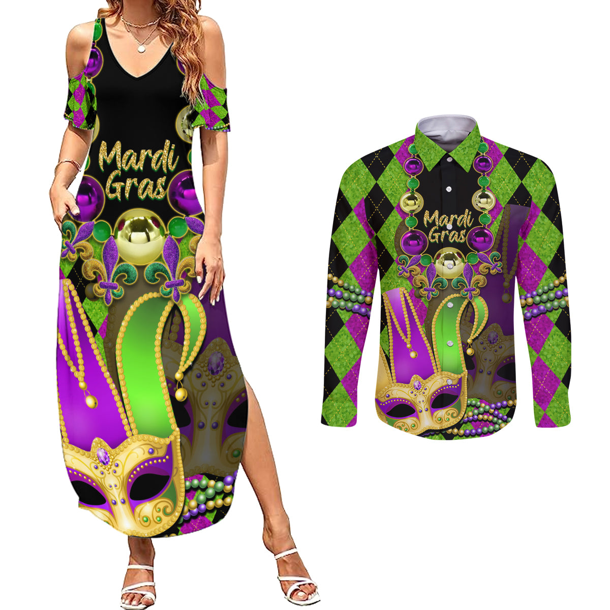 Mardi Gras 2024 Couples Matching Summer Maxi Dress and Long Sleeve Button Shirt Jester Mask With Beads Colorful Version - Wonder Print Shop