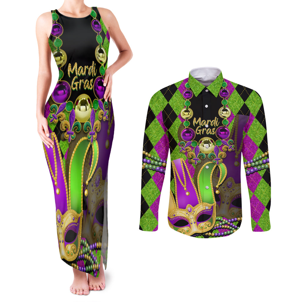 Mardi Gras 2024 Couples Matching Tank Maxi Dress and Long Sleeve Button Shirt Jester Mask With Beads Colorful Version - Wonder Print Shop