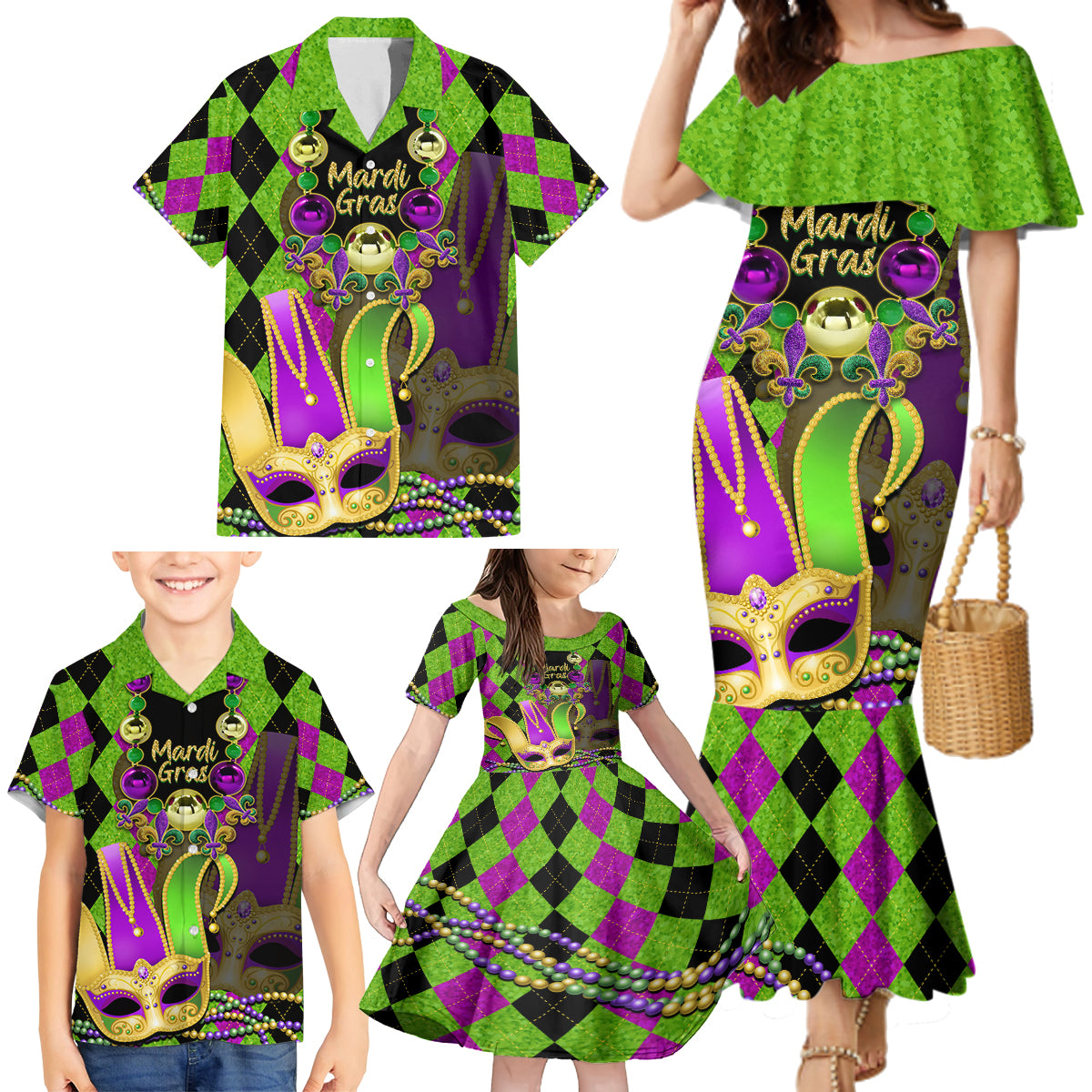 Mardi Gras 2024 Family Matching Mermaid Dress and Hawaiian Shirt Jester Mask With Beads Colorful Version - Wonder Print Shop