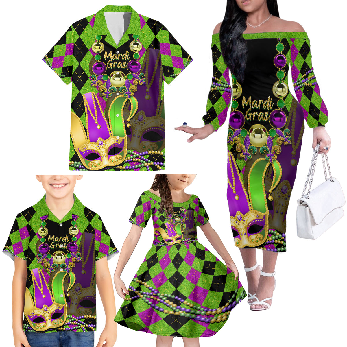 Mardi Gras 2024 Family Matching Off Shoulder Long Sleeve Dress and Hawaiian Shirt Jester Mask With Beads Colorful Version - Wonder Print Shop