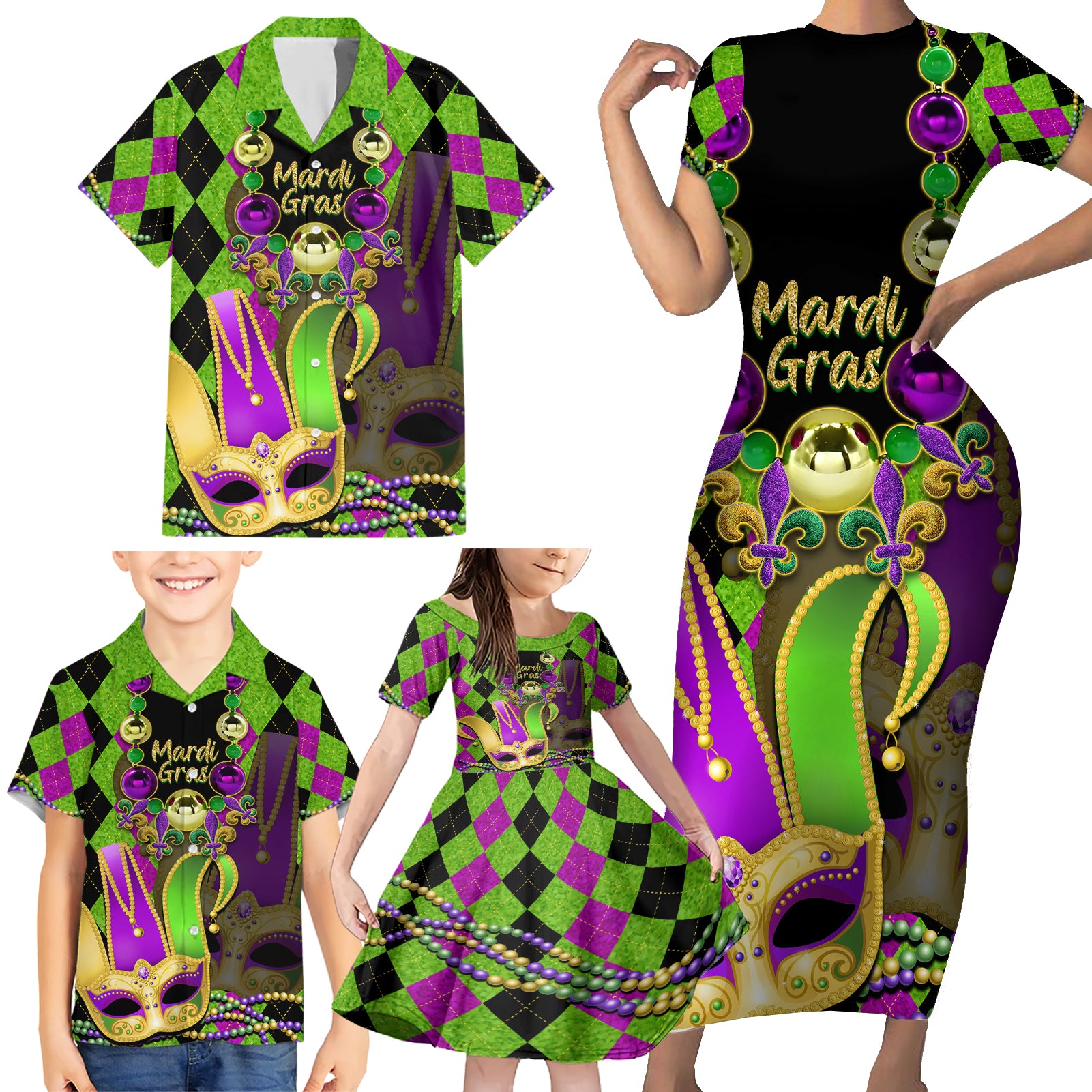 Mardi Gras 2024 Family Matching Short Sleeve Bodycon Dress and Hawaiian Shirt Jester Mask With Beads Colorful Version - Wonder Print Shop