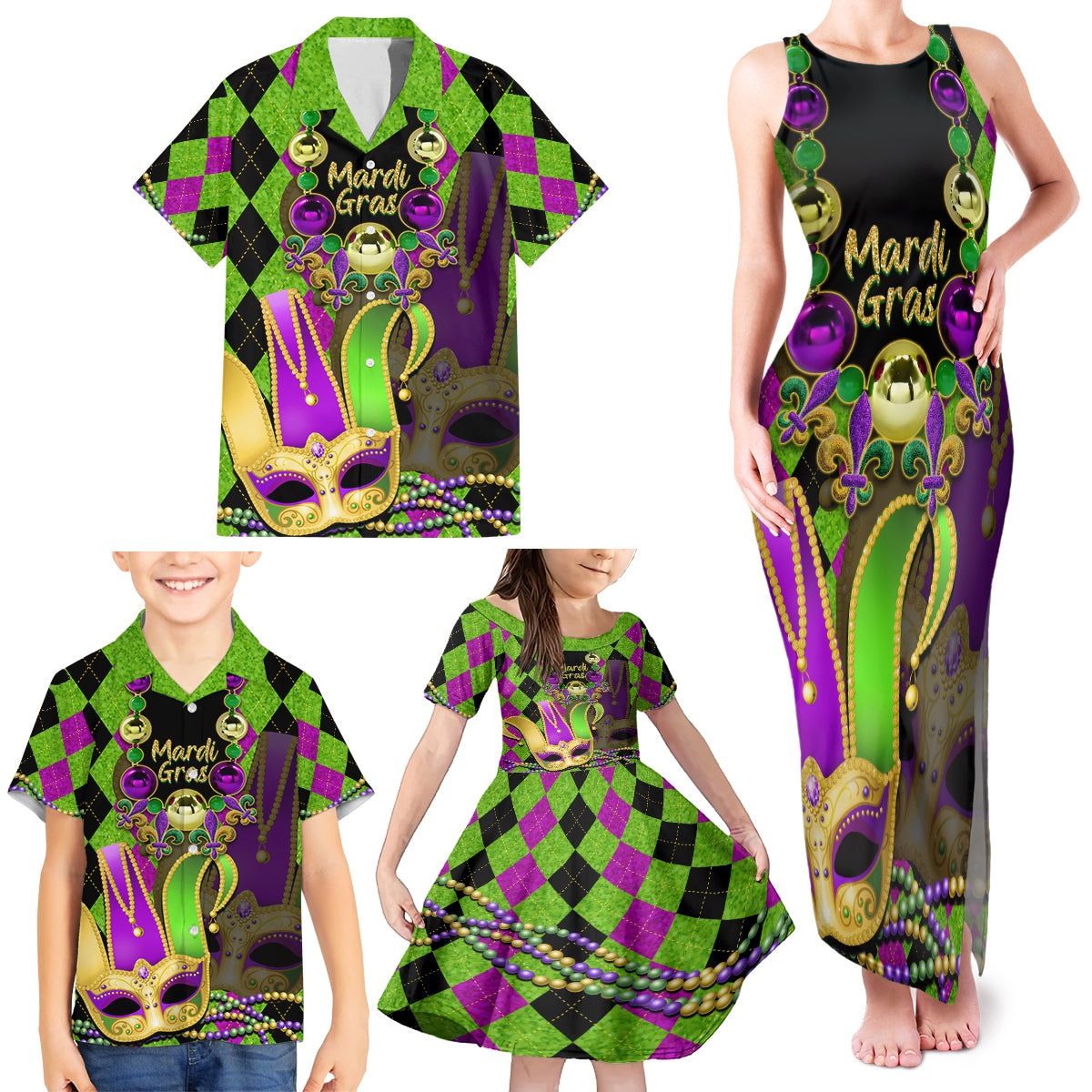 Mardi Gras 2024 Family Matching Tank Maxi Dress and Hawaiian Shirt Jester Mask With Beads Colorful Version - Wonder Print Shop