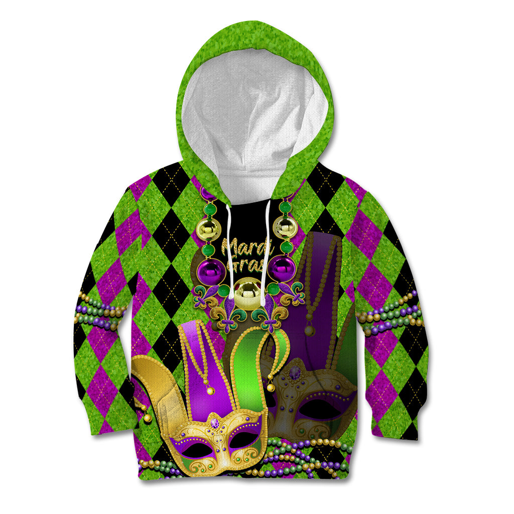 Mardi Gras 2024 Kid Hoodie Jester Mask With Beads Colorful Version - Wonder Print Shop