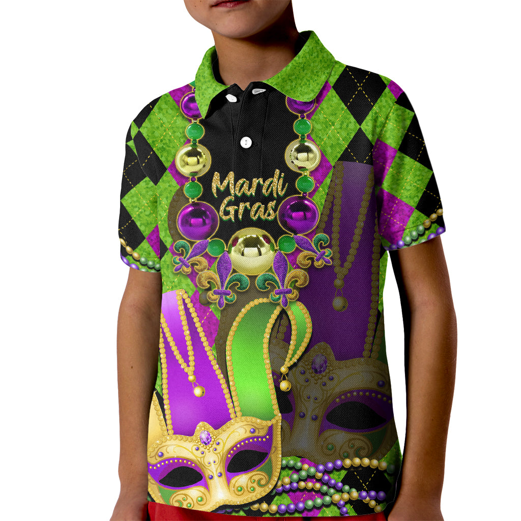 Mardi Gras 2024 Kid Polo Shirt Jester Mask With Beads Colorful Version - Wonder Print Shop