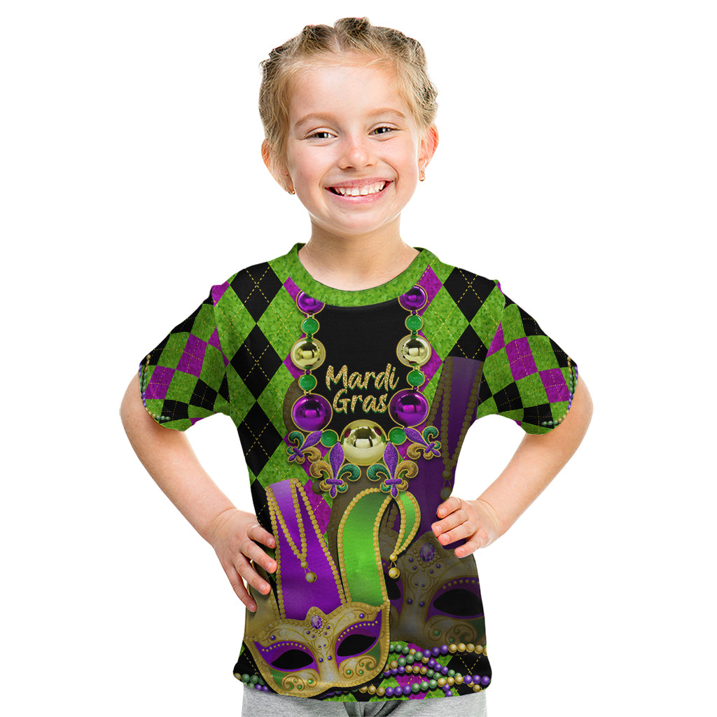 Mardi Gras 2024 Kid T Shirt Jester Mask With Beads Colorful Version - Wonder Print Shop