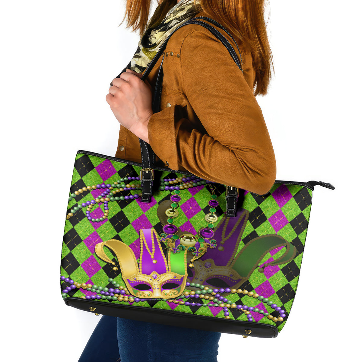 Mardi Gras 2024 Leather Tote Bag Jester Mask With Beads Colorful Version - Wonder Print Shop