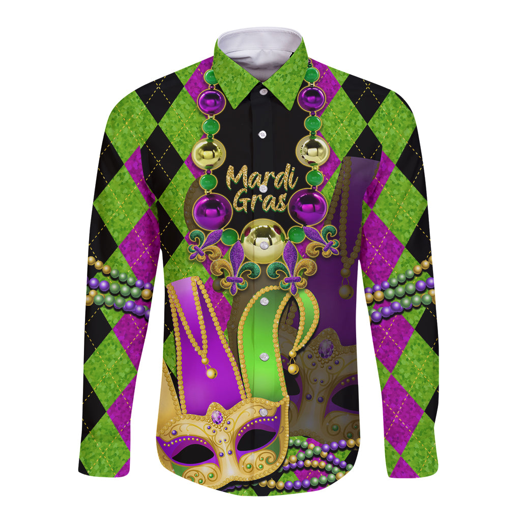 Long-sleeve button shirt with jester mask graphic, green/purple argyle and bead tassels