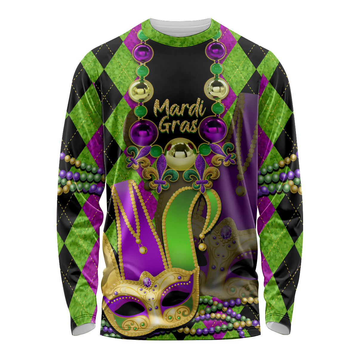 Mardi Gras 2024 Long Sleeve Shirt Jester Mask With Beads Colorful Version - Wonder Print Shop