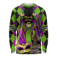 Long-sleeve Mardi Gras jester mask shirt with beads, green purple and black diamond print