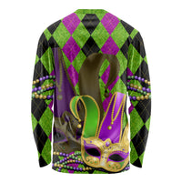 Long-sleeve jester mask shirt with bead garland, green purple and black diamond pattern