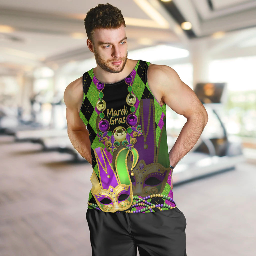 Mardi Gras 2024 Men Tank Top Jester Mask With Beads Colorful Version - Wonder Print Shop