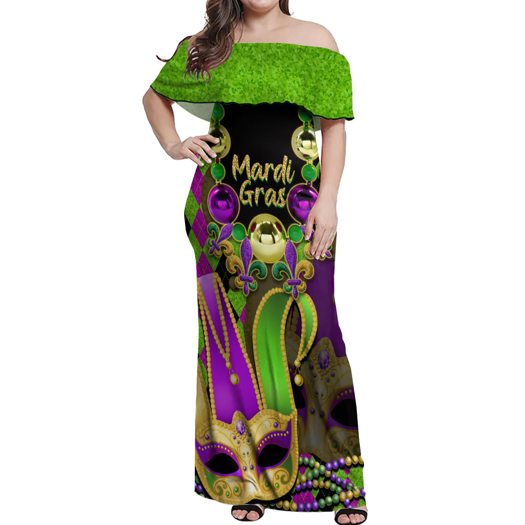 Mardi Gras 2024 Off Shoulder Maxi Dress Jester Mask With Beads Colorful Version - Wonder Print Shop