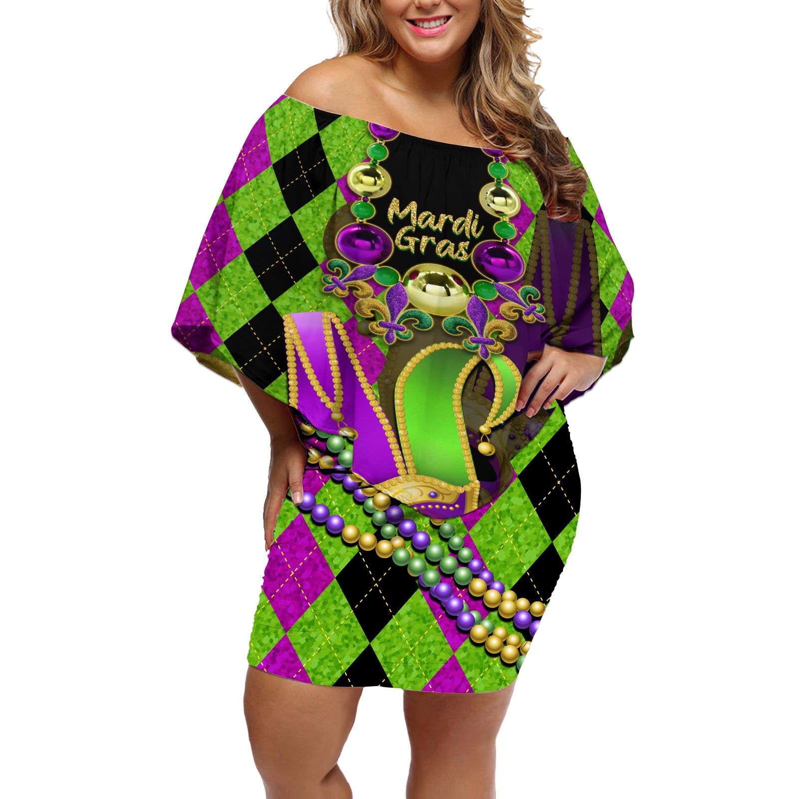 Mardi Gras 2024 Off Shoulder Short Dress Jester Mask With Beads Colorful Version - Wonder Print Shop