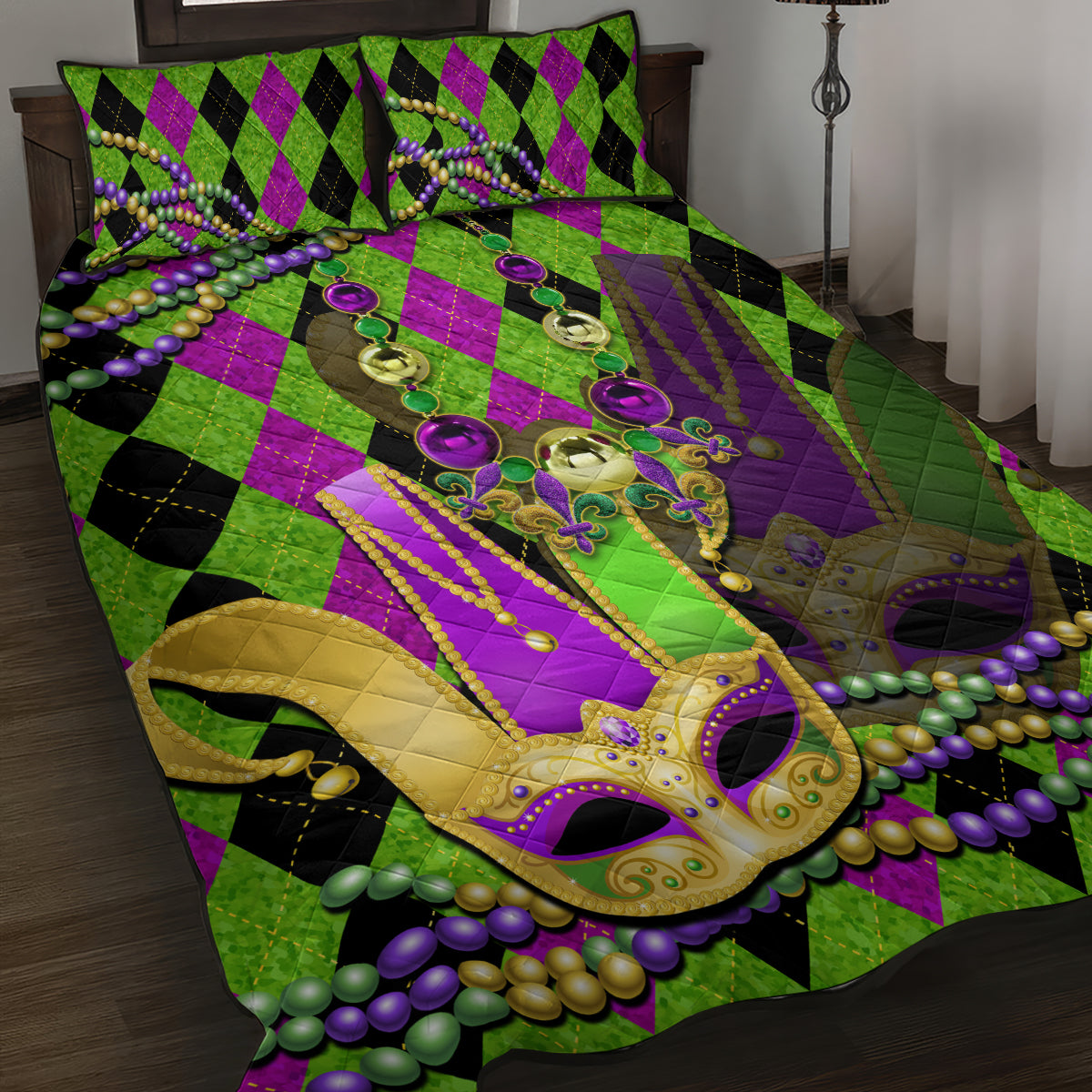 Mardi Gras 2024 Quilt Bed Set Jester Mask With Beads Colorful Version - Wonder Print Shop