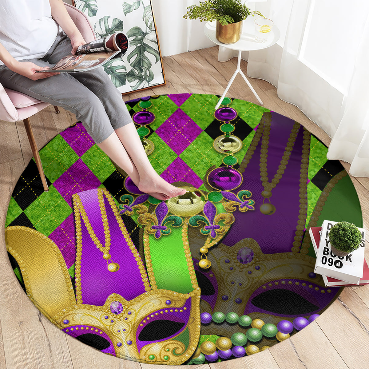 Round jester mask carpet with green, purple, and gold jester hats and dangling beads