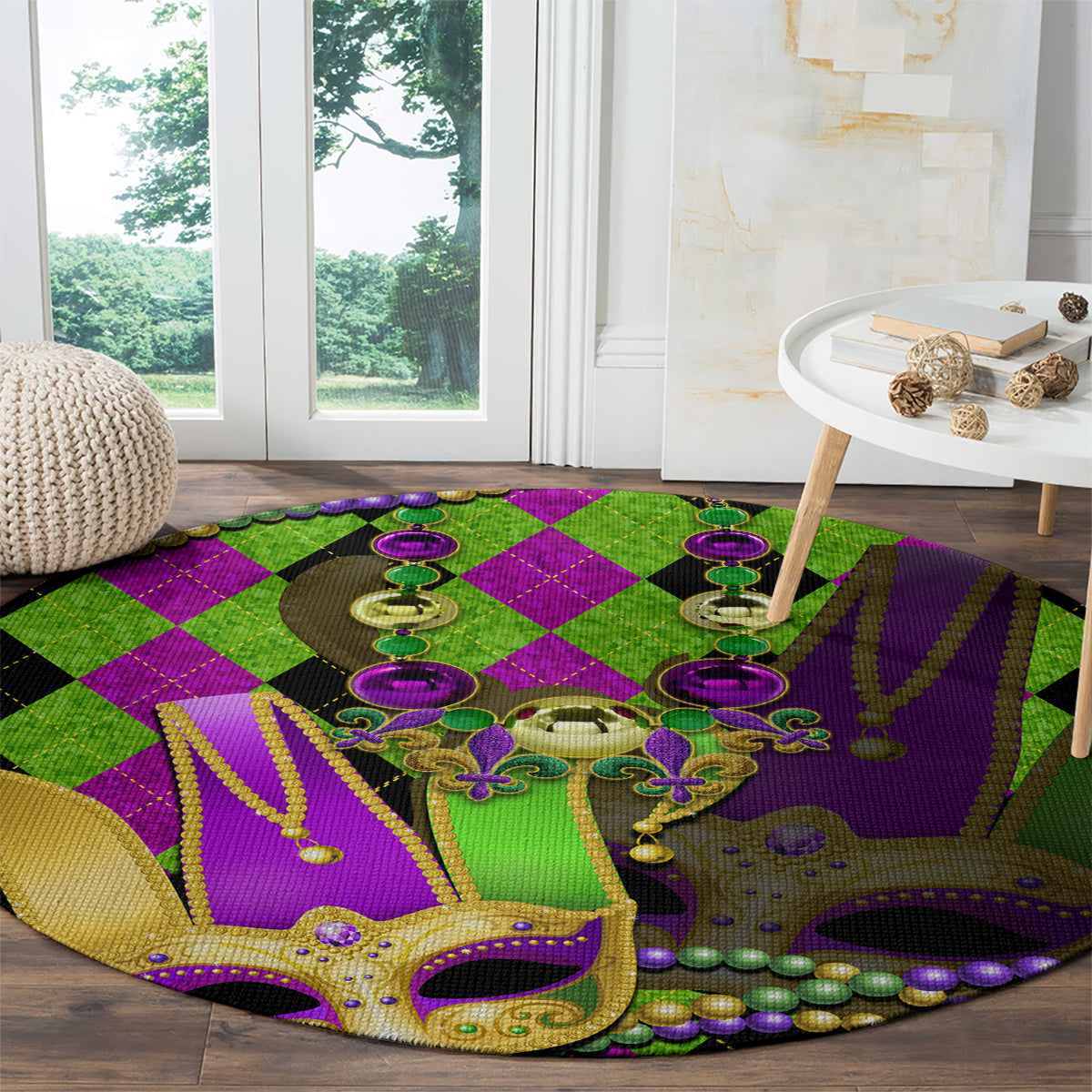 Round jester mask carpet with green and purple diamonds, gold fleur-de-lis and bead strings