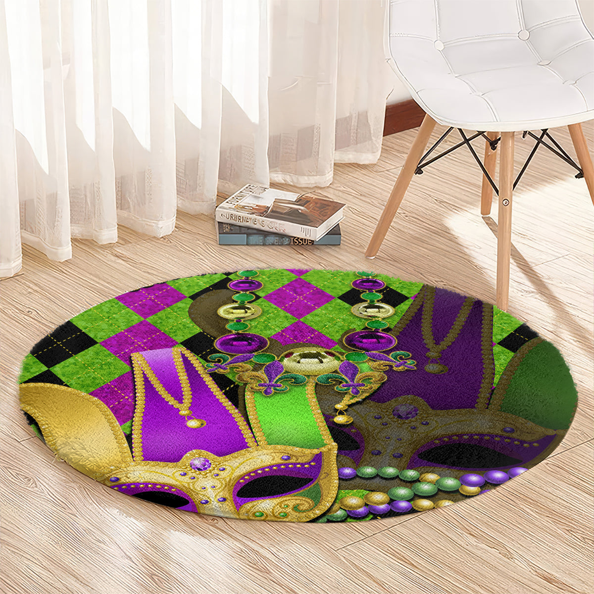 Round jester mask carpet with purple center, green diamonds, gold trim, and bead accents