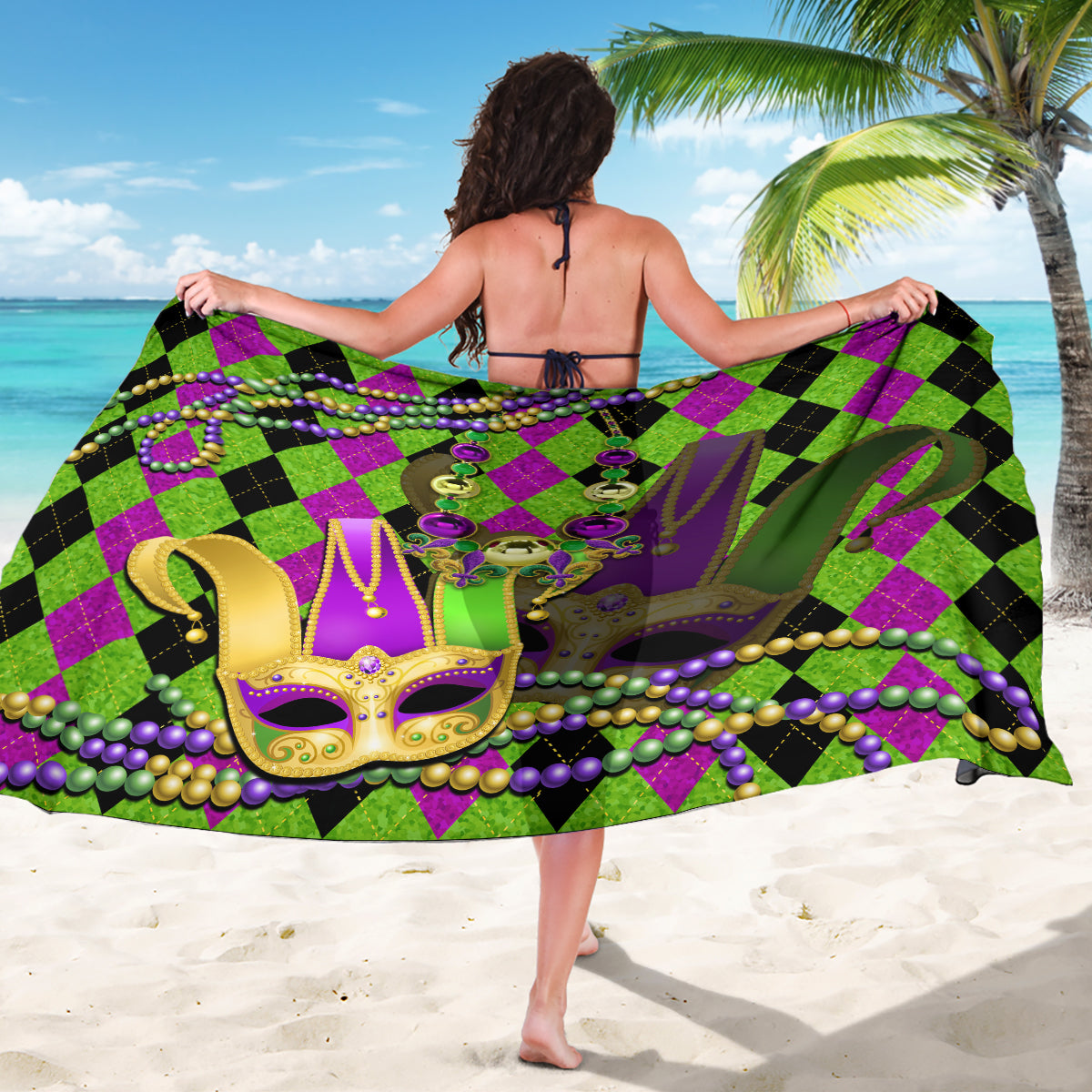 Green purple diamond jester sarong with central gold mask and purple bead fringe