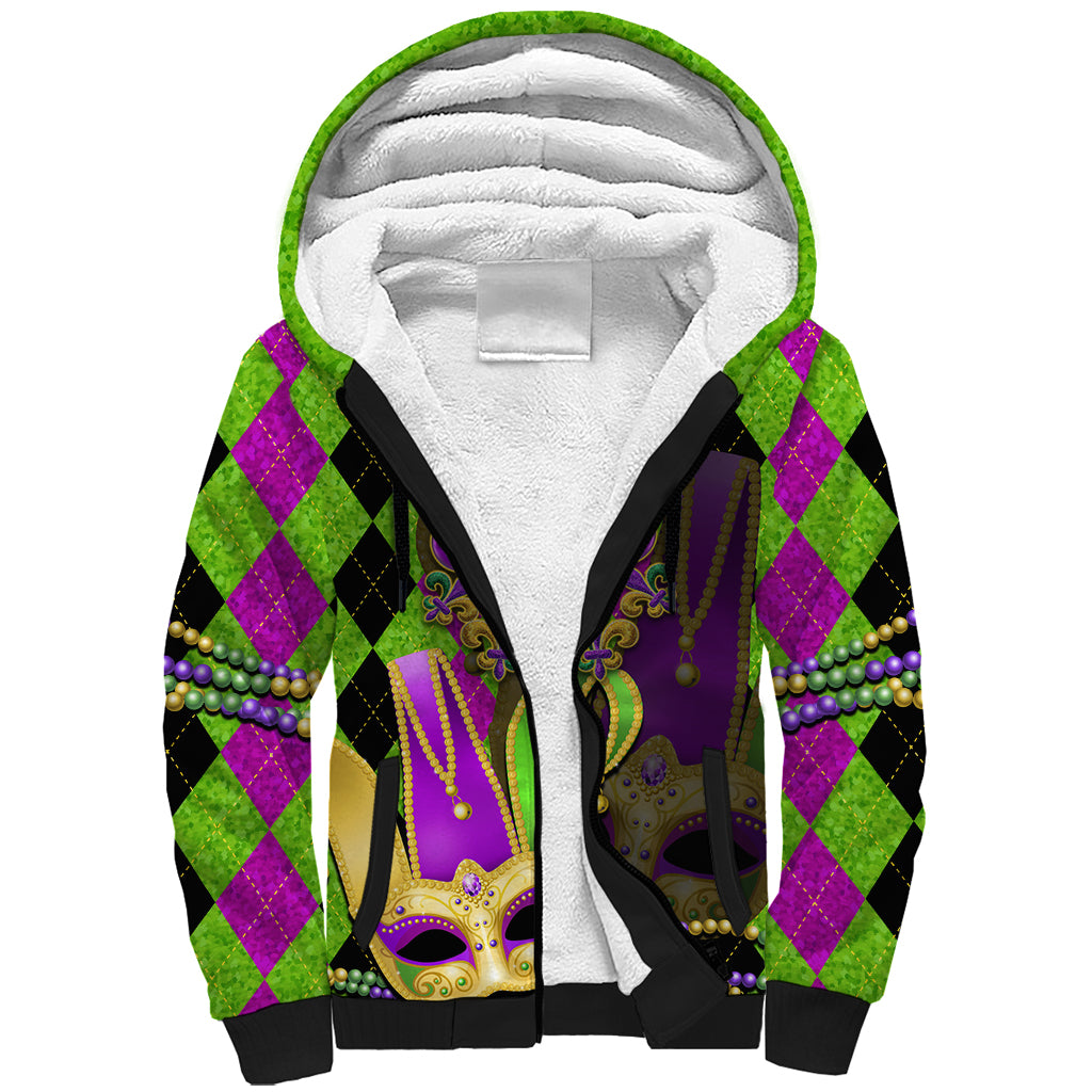 Mardi Gras 2024 Sherpa Hoodie Jester Mask With Beads Colorful Version - Wonder Print Shop