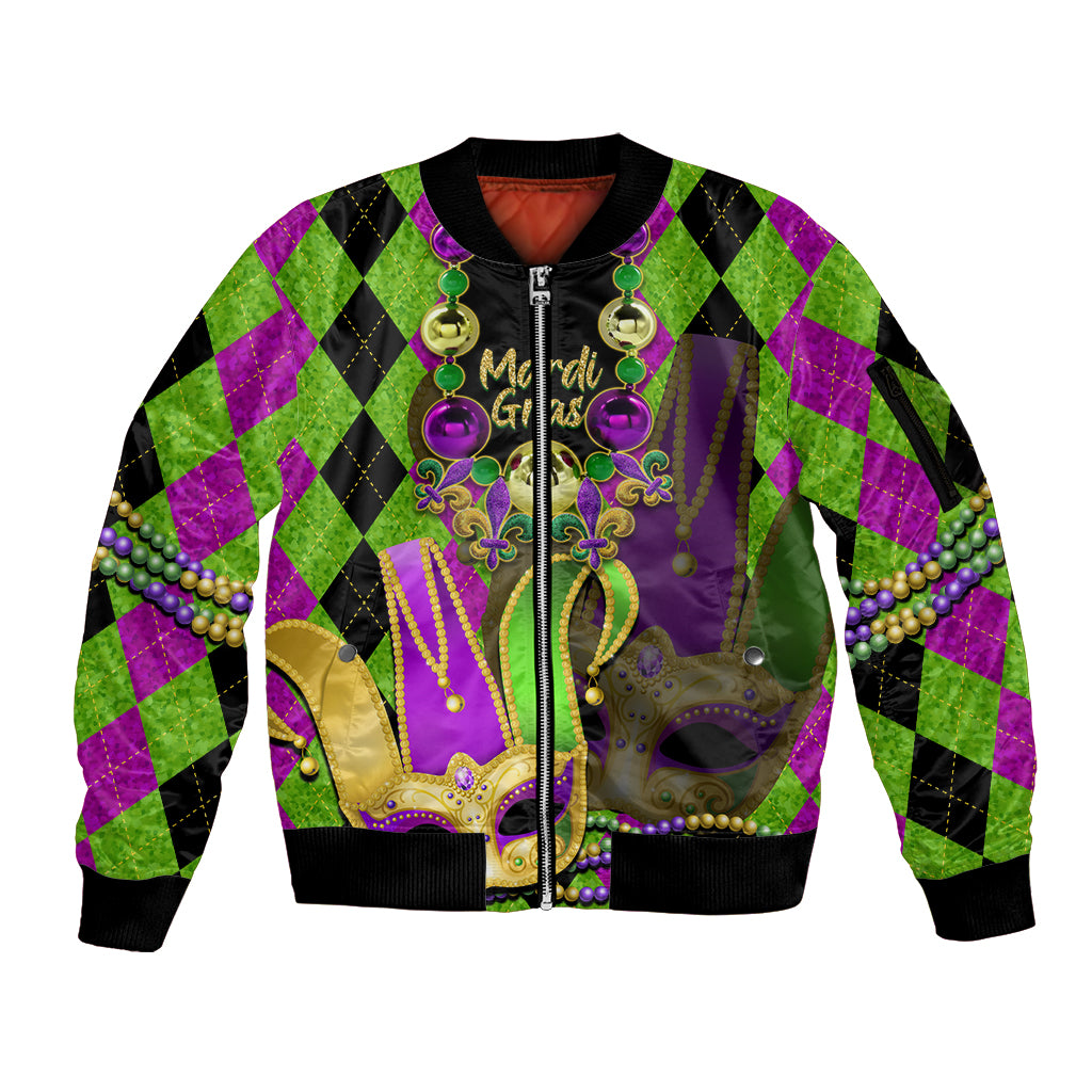 Mardi Gras 2024 Sleeve Zip Bomber Jacket Jester Mask With Beads Colorful Version - Wonder Print Shop